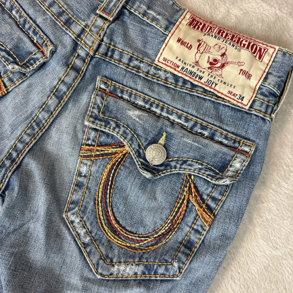 VINTAGE True Religion Rainbow Joey Distressed Low Rise Flared Jeans Retro Men’s